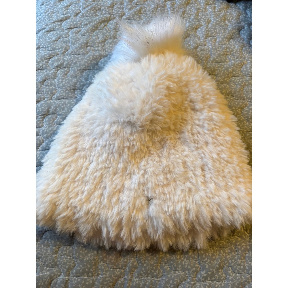 Apana Faux Fur Beanie Women OS Cream Excellent Pompom Shaggy Winter Hat